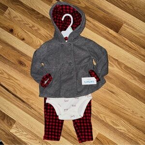 Carter’s baby girl 3 piece outfit pant, bodysuit, super soft, hooded jacket NWT